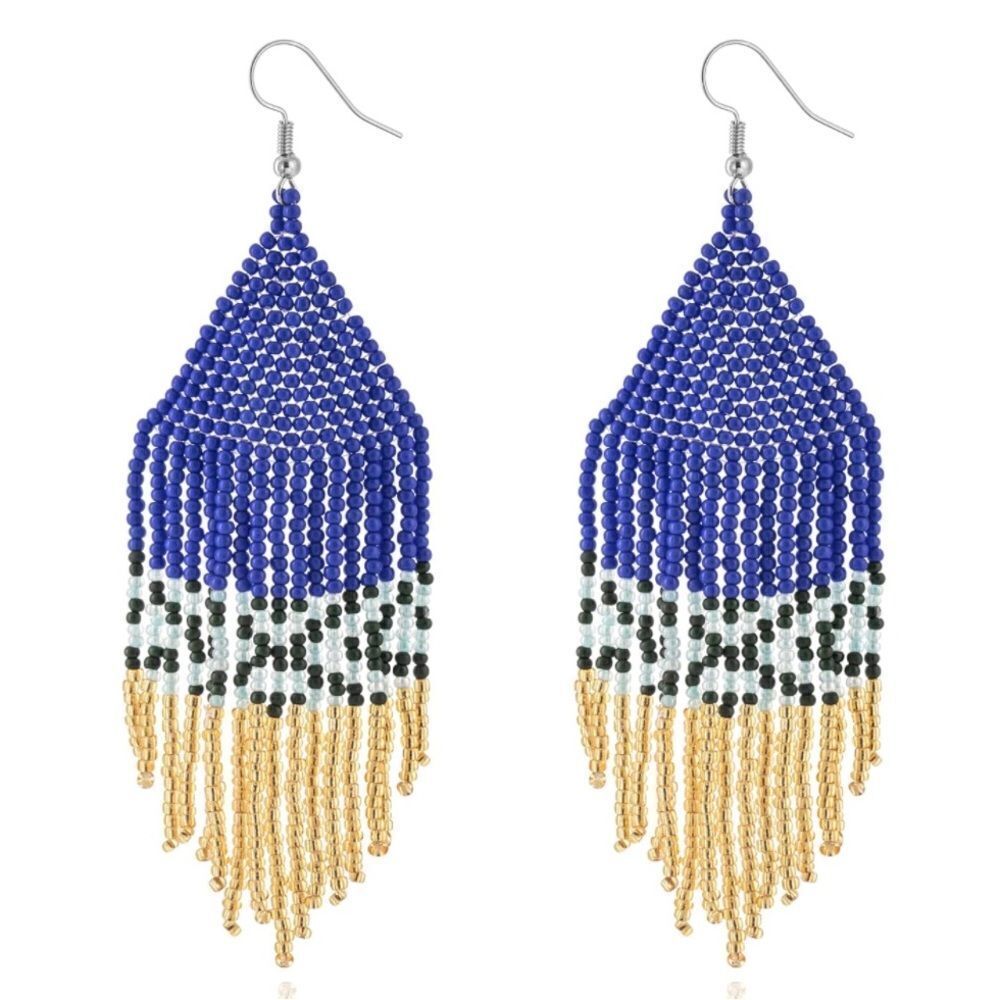 Colorful Bohemian Seed Bead Tassel Dangling Statement French Wire Hook Earrings